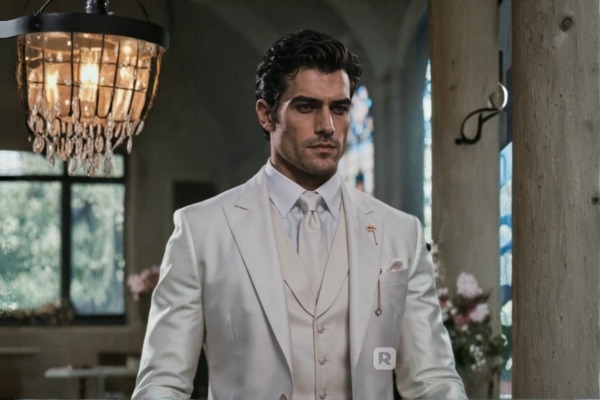 Elijah Baran veste um terno branco em um ambiente luxuoso